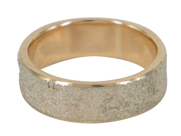 Golden Earth men's wedding ring in 9ct rose gold with 9ct white gold frosting, crafted by Jeanette Dyke. A Melbourne-made design with artisanal beauty.