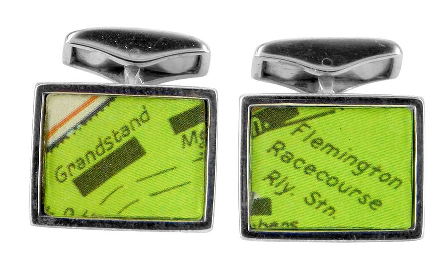 Flemington Grandstand by Erwin Rohl. Elegant cufflinks showcasing unique Australian design and refined style.
