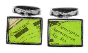 Flemington Grandstand by Erwin Rohl. Elegant cufflinks showcasing unique Australian design and refined style.
