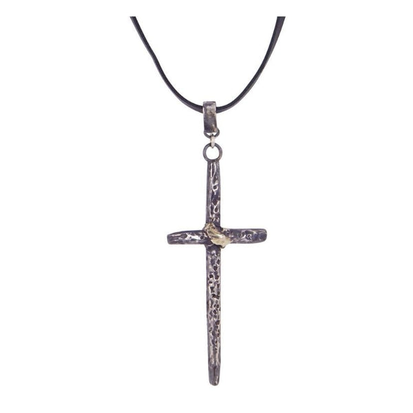 Urban Edge Cross men’s pendant by Gavin Macsporran in sterling silver, yellow gold and leather
