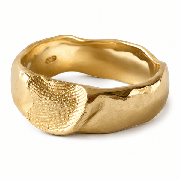 Handmade 6mm fingerprint wedding ring in 9ct yellow gold with personalised fingerprint