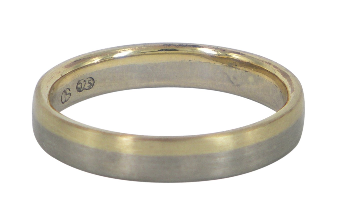 Handmade 4mm men's wedding ring by Aimee Sutanto in 9ct yellow and white gold. Unique Melbourne-made Australian craftsmanship with a sleek, artisanal design.