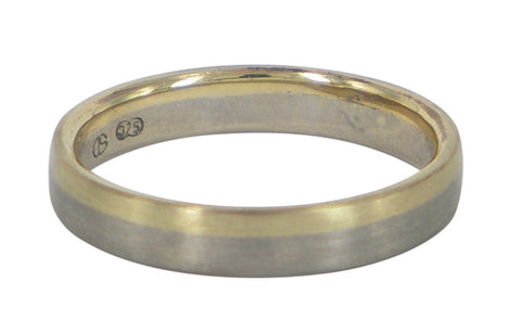 Handmade 4mm men's wedding ring by Aimee Sutanto in 9ct yellow and white gold. Unique Melbourne-made Australian craftsmanship with a sleek, artisanal design.