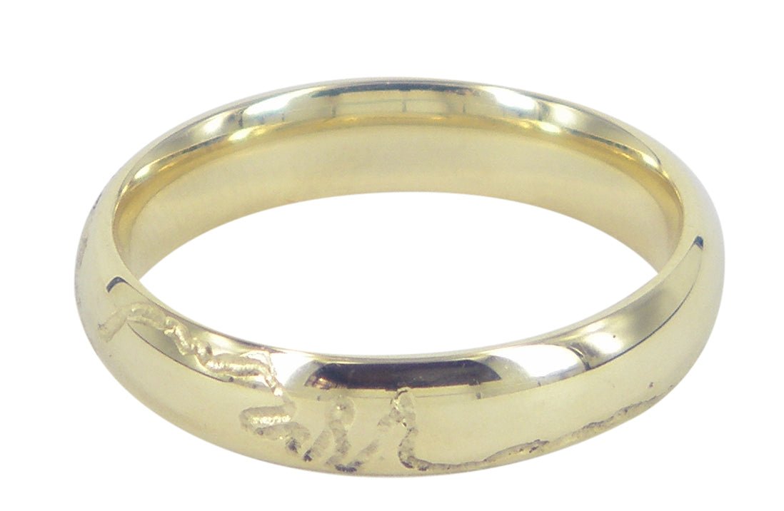 Handmade 4mm yellow gold men's wedding ring by Danielle Sweeney, featuring a sleek coastal-inspired design. Unique Melbourne-made Australian craftsmanship.