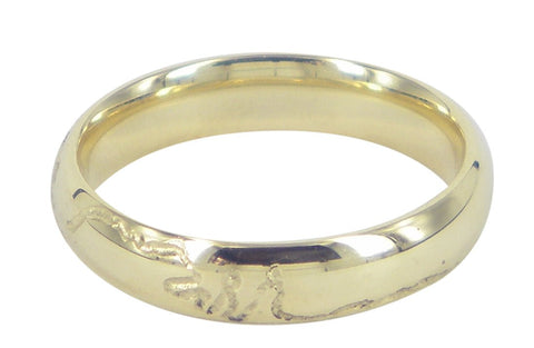 Handmade 4mm yellow gold men's wedding ring by Danielle Sweeney, featuring a sleek coastal-inspired design. Unique Melbourne-made Australian craftsmanship.