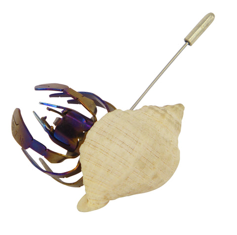 Handcrafted Hermit Crab Lapel Pin by Justin Siow, Australian-made using titanium and a naturally found shell, perfect for ocean lovers and unique style enthusiasts.