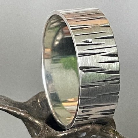 Bark ring by Melissa Baldock. Handcrafted in sterling silver, featuring a textured bark-inspired design for a bold and organic aesthetic.