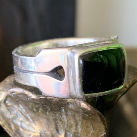 Small split shank ring by Sebastian Cilento. Crafted in sterling silver with onyx, a refined statement of bold, handcrafted Australian design.