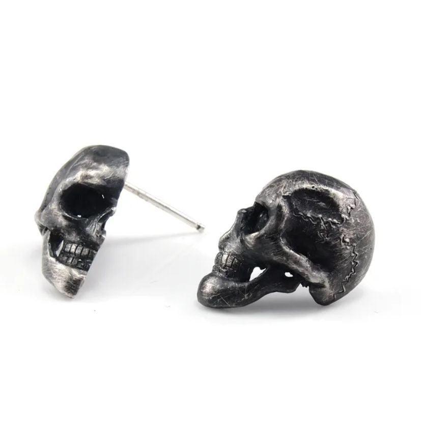 Cameo Skull Stud Earrings by Ant Hat in oxidised sterling silver, Melbourne-made, gothic jewellery for men.